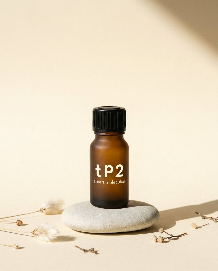 TP2 Terpenöl Flasche mit schwarzem Verschluss auf Naturstein