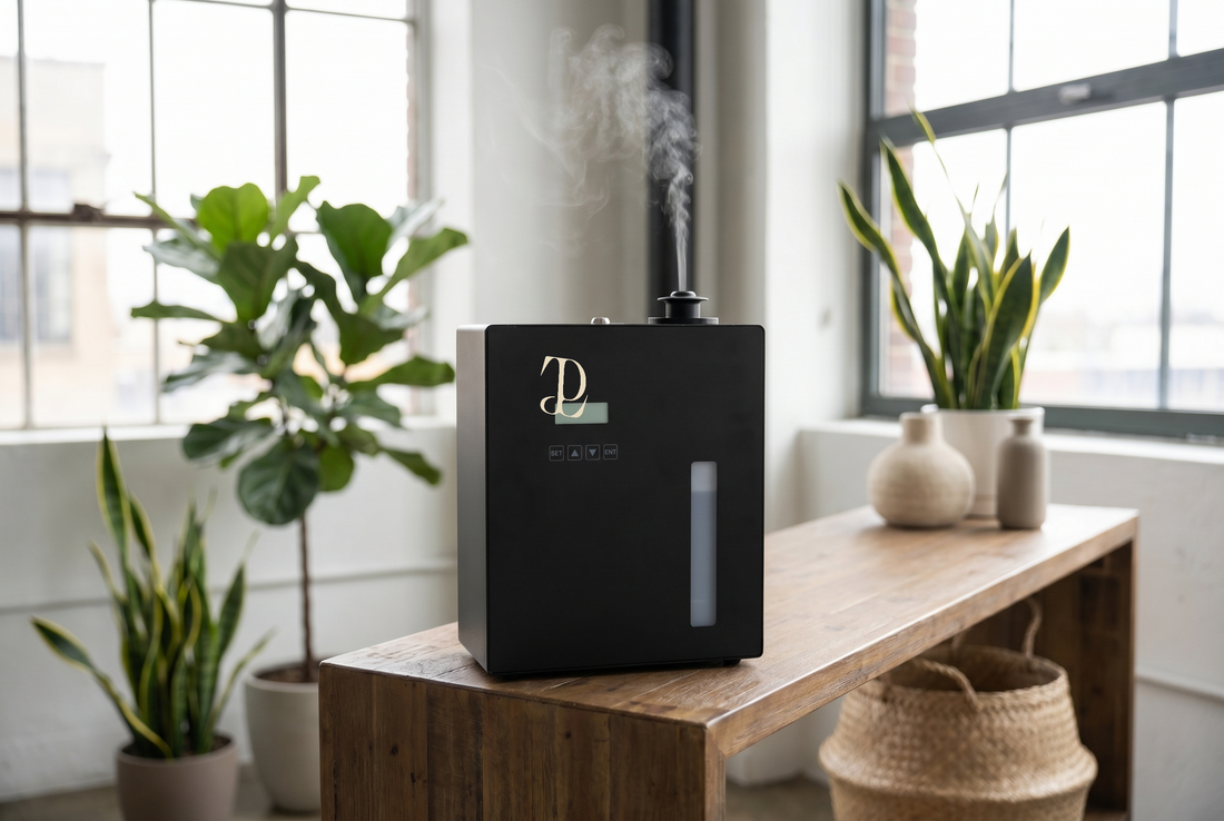 TP2 Großraumdiffuser im Loft auf einem Sideboard