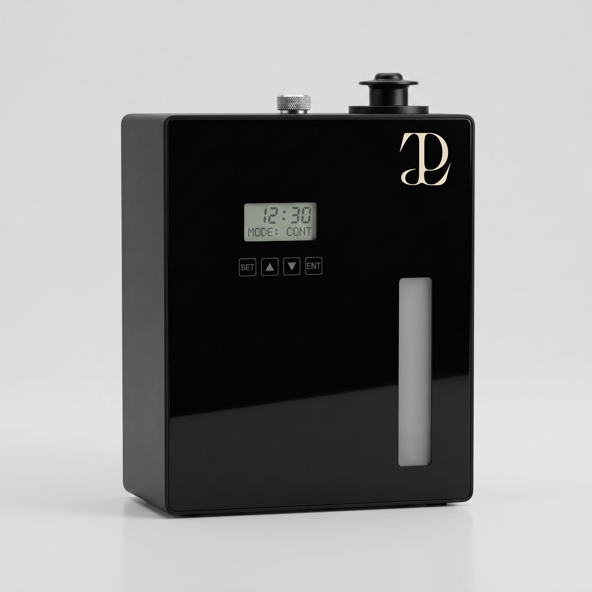 TP2 Großraumdiffuser – mattschwarz, Front mit Display und TP2-Logo